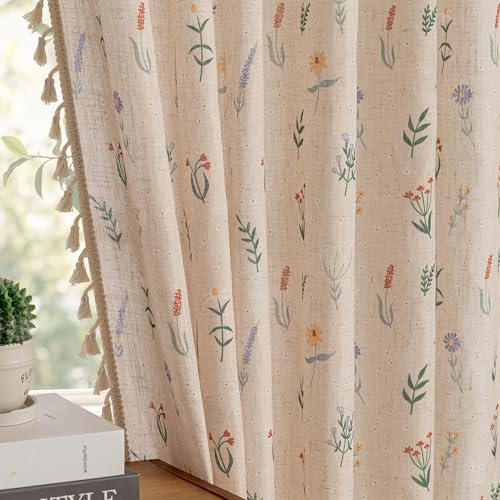 Floral Semi Sheer Curtains 63 Inch Length 2 Panels Linen Blend Spring Farmhouse Drapes with Tassel Back Tab for Girls Bedroom Nursery Vintage Rustic Flower Patterned (Flesh Pink / 50"W x 63"L (Pack of 2))