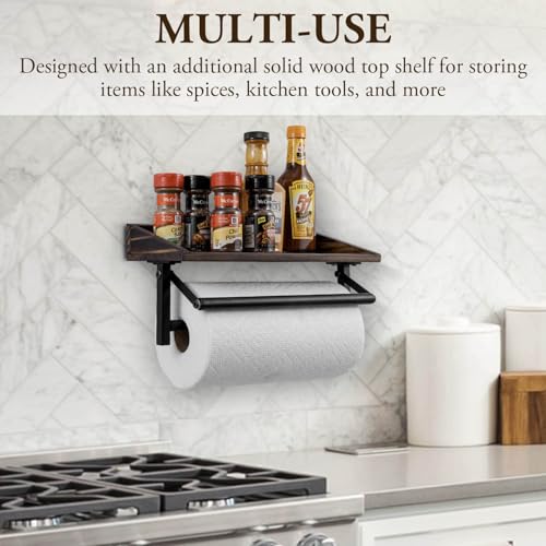 Black Metal Paper Towel Holder Wall Rack with Rustic Wood Shelf (Matte Black Metal Paper)