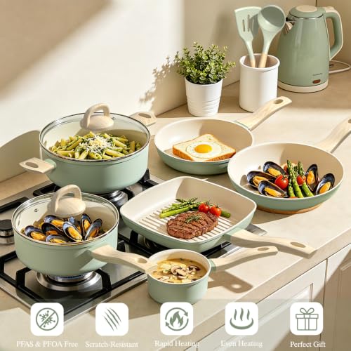 Pots and Pans Set Nonstick (Sage Green)