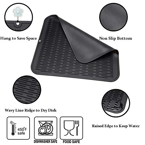 2 Pcs Oversized Silicone Dish Drying Mat for Kitchen (Black / 18" x 16")