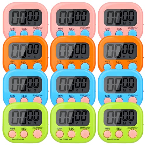 Digital Timers for Classroom Kids Kitchen Timers for Cooking 12 Pc (Pink, Blue, Green, Orange / 12Pcs)