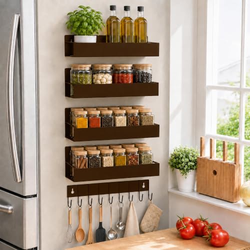 Metal Magnetic Spice Rack 4 Pack with Hook (Bronze / 4-Pack with 1 hook)