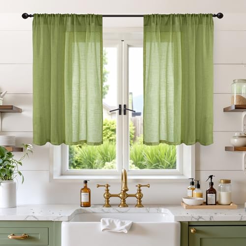 Olive Green Linen Curtains 36 Inch Length for Short Kitchen Window (Green / 42"W x 36"L (Pack of 2))