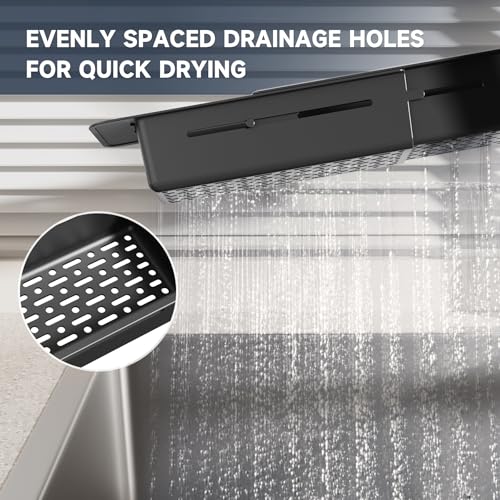 Extendable Kitchen Sink Caddy Extra Long Brush Sponge Storage Holder (Extra Long / Black 1)
