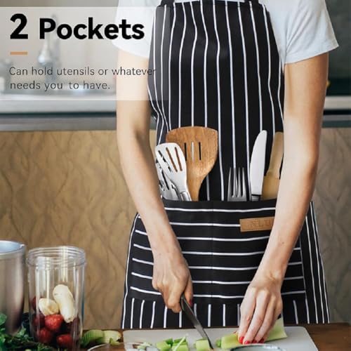 Chef Apron Bib Apron with 2 Large Pockets Adjustable Neck Strap Kitchen Apron Cooking Apron Stripes Baking Apron (Black Bold Stripes)