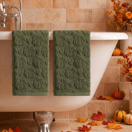 2 Pcs Olive Green 3D Heart Pumpkin Jacquard Hand Towels (13.7" x 29.5", 2PCS / Olive Green)