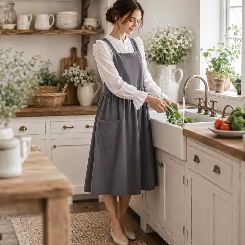 Cotton Linen Apron with Pockets (Grey)