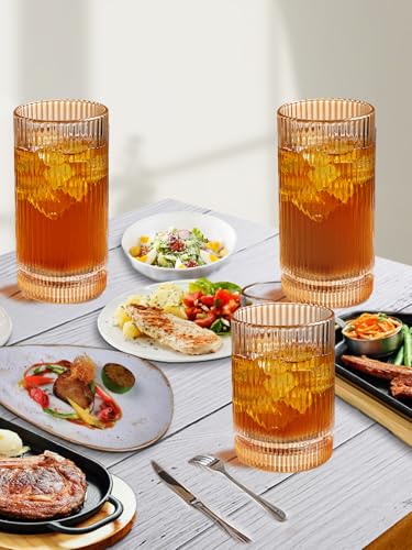 Amber Glassware Ribbed Drinking Glasses Set of 8 (Amber Ribbed Glassware 8pcs / 8pcs)