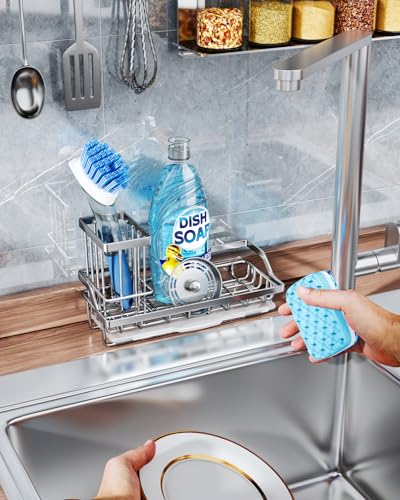 Sink Caddy Kitchen Sponge Holder with Dish Brush Holder (A-silver)