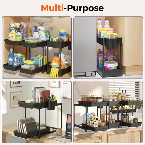 3-Pack 2-Tier Under Sink Organizers with Sliding Drawers (12.8 Inch / Black 2-Tier Sliding)