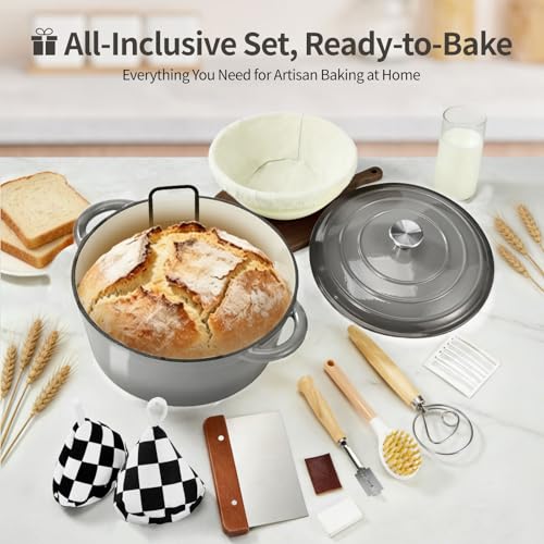 Enameled Cast Iron Dutch Oven pot 6.5 QT with Lid for Bread Baking (Gray)