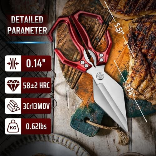 Heavy Duty Poultry Shears for Food with Red Ergonomic Handle (Rad)