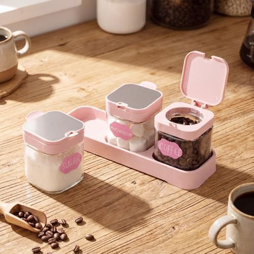 3 Pcs Glass Coffee Container with Shelf (Pink)