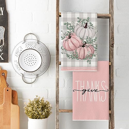 Pink Pumpkin Leaves Fall Kitchen Towels Set of 4 18x26 Inch (Pink)