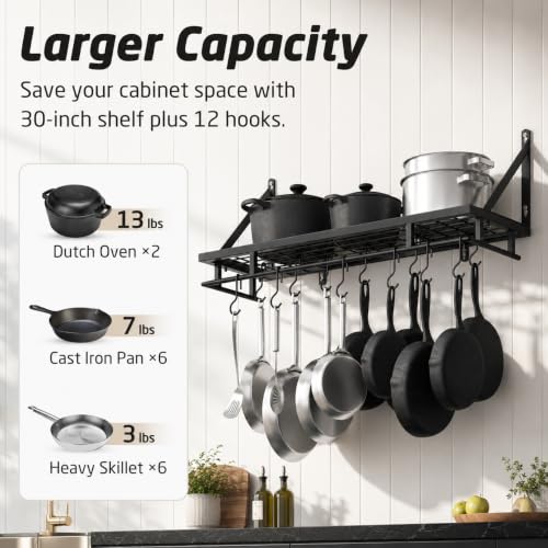 30 Inch Kitchen Pan Pot Rack Wall Mounted (Matt Black / 30 inch)
