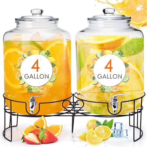 2 Pack 4 Gallon Glass Drink Dispenser for Parties Large Glass Beverage Dispenser with Stand and Spigot Leakproof Water Storage Lemonade Juice Jar Mason with Lids for Wedding Parties Kitchen (4 Gallon)
