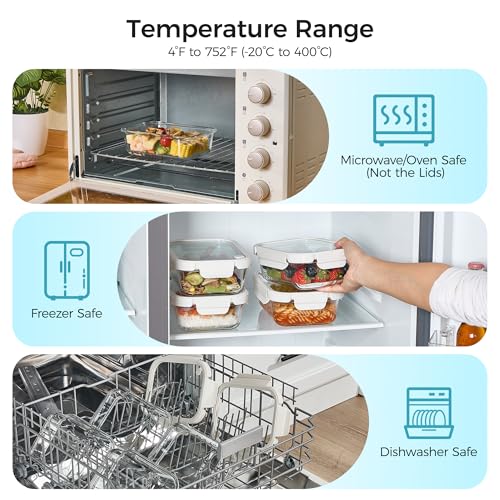 5 Pack Glass Food Storage Containers with Glass Lids & Air Vent (White / 35oz)