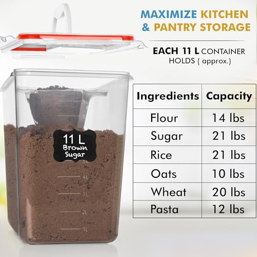 2 PC (11L | 372 oz) Flour Sugar Storage Containers with Easy Carry Handle - Plastic Extra Large Food Storage Containers with Lids for Rice Cereal, BPA Free & Airtight Kitchen Pantry Organization (Red)