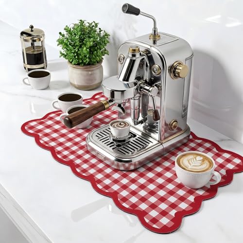 Red Scalloped Gingham Coffee Mat 12" x 20" Absorbent Bar Mat (Red / Gingham)