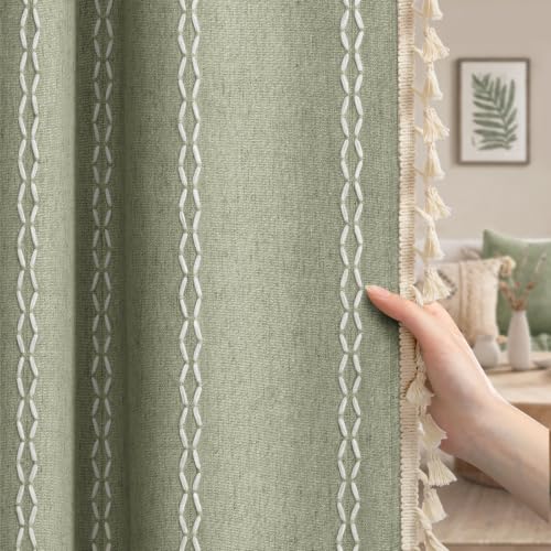 Green 100% Boho Blackout Curtains 84 Inch 2 Panels with Tassels (Green / 52"W x 84"L (Pack of 2))
