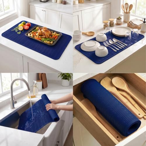 Silicone Dish Drying Mat for Multiple Usage (Navy Blue / 36"L x 18"W)