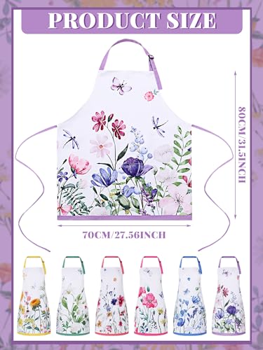 6 Pack Wildflower Aprons for Women with Pockets (Multicolored / Summer Floral)