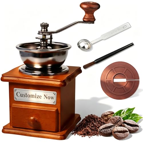 Customizable Wooden Manual Coffee Grinder Set Hand Crank Mill with Removable Bin Dust Cover & Scoop Personalized Nameplate Gift for Camping