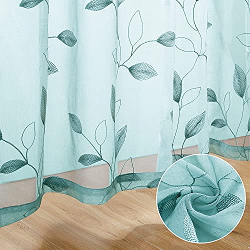 Turquoise Sheer Curtains Leaf Embroidered (52"W x 84"L (Pack of 2) / 5-turquoise)