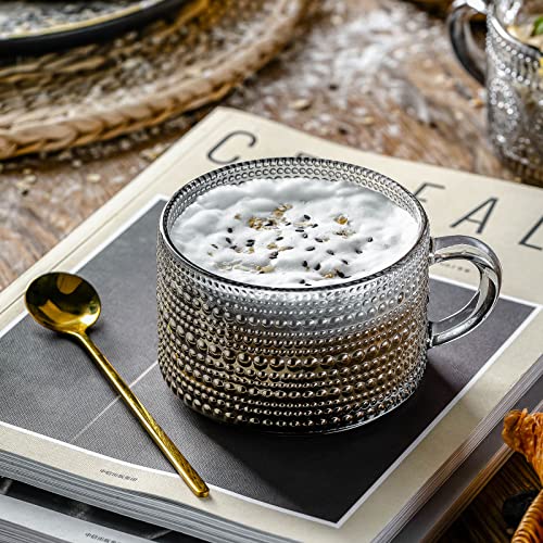 Vintage Glass Coffee Mugs 14 Oz Set of 2 Gray Embossed Tea Cups for Cappuccino (Gray)