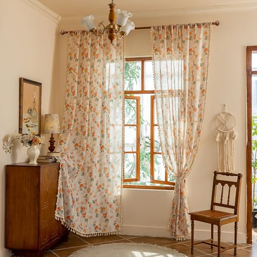 Floral Boho Linen Curtains 63 inch Length 2 Panels Set Spring Vintage Farmhouse Orange Patterned Window Drapes with Tassels Semi Sheer Light Filtering Back Tab for Girls Bedroom (Orange / 50"W x 63"L (Pack of 2))