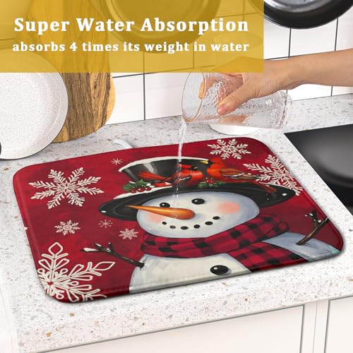 Christmas Snowman Dish Drying Mat for Kitchen Counter 16x18 Xmas Snowflake Winter Holiday Dark Red Absorbent Reversible Microfiber Drying Mats Kitchen Countertop Protector Dishes Drainer Rack Pad (16" x 18")