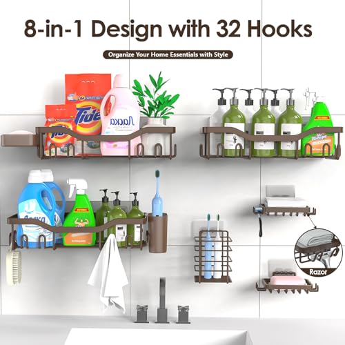 Shower Caddy Adhesive Shower Organizer 8 (Brown / 8-Piece Set)