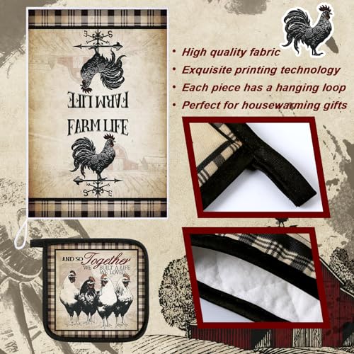 6 Barn Farm Farmhouse Kitchen Decor Dish Towels Oven Mitts and Pot Holders Sets Chicken Kitchen Towels Absorbent Decorative Accessories for Cooking Baking Grilling (Retro Gray / Barn Farm)