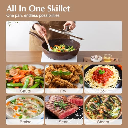 Nonstick Deep Frying Pan Skillet (Toffee Brown / 12-inch/5QT)