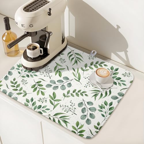 Sage Green Dish Drying Mat 16x18 In Absorbent Reversible Eucalyptus Leaves Plant Drying Mat Green Plant Dish Drying Rack Mat Spring Summer Themed Dish Drainer Mat for Kitchen Counter Coffee Bar (Sage Green / 16" x 18")