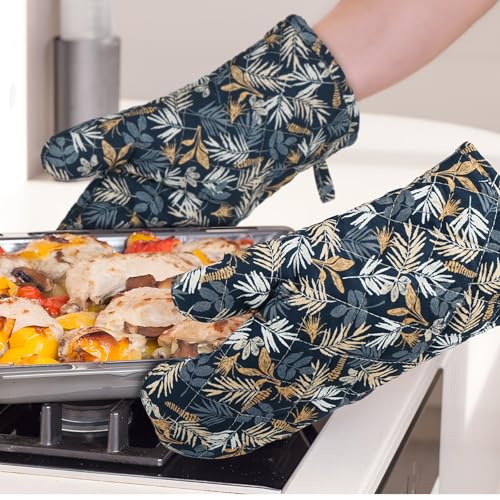 Oven Mitt Extra Long Cotton Cooking Kitchen Mitts with Non (Blue Leaves - Oven Gloves)