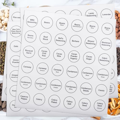 Spice Labels 432Pcs Spice Labels Stickers 1.4in Waterproof Adhesive Round Preprinted Spice with Blank Label White Tear Resistant Sticker for Kitchen Jars Caps Food Containers Organizers (White)