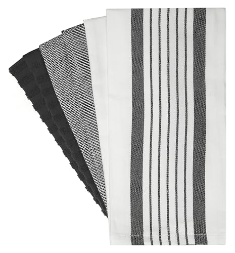 Premium Kitchen Towels 6 Pack 100% Cotton 20"x28" Dish Towels Black Striped (Striped Black / Kitchen Towels - Mixed Styles (6 Pack))
