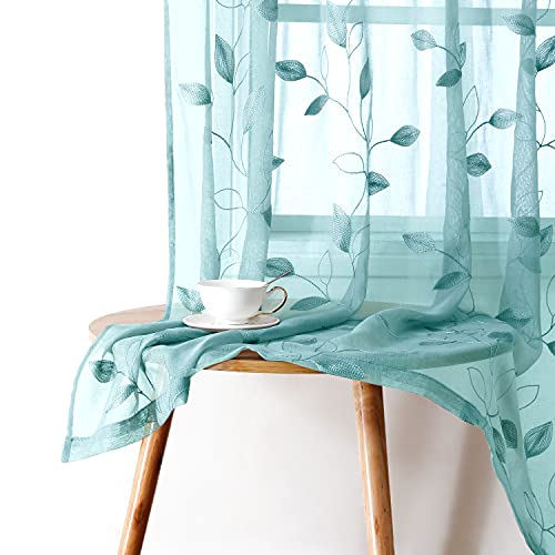 Turquoise Sheer Curtains Leaf Embroidered (52"W x 84"L (Pack of 2) / 5-turquoise)