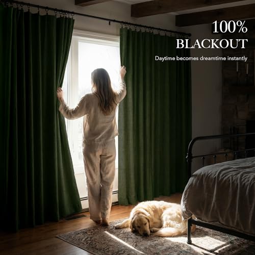 Olive Green 100% Blackout Linen Curtains 84 Inch Long for Office (Olive Green / 52"W x 84"L (Pack of 2))