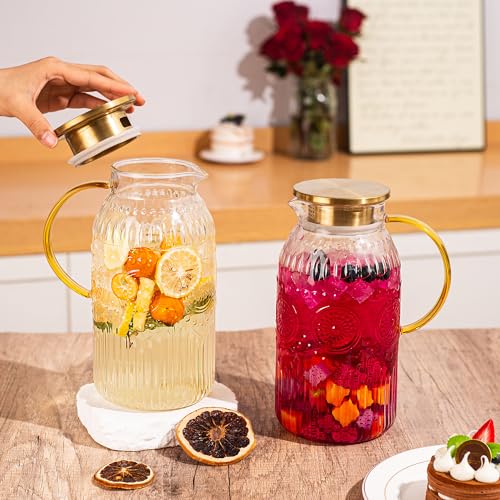 Glass Pitcher with Lid 68oz 2L Vintage Water Carafe Beverage 2Pack (68 Ounces (2 Pack))