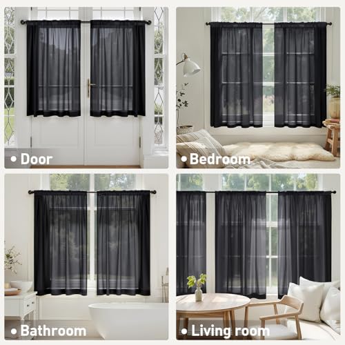 4 Panels Half Window Tier Black Sheer Curtains 42 x 36 Inches (42"W x 36"L (Pack of 4) / Black)