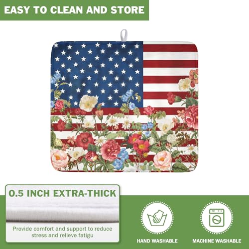 4th of July Dish Drying Mat 18x16 Inch (Patriotic Floral Blue Red / 18" x 16")