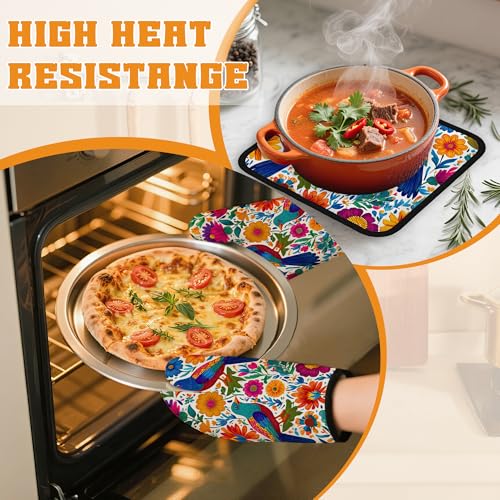 Colorful Bird Oven Mitts and Pot Holders (Colorful Bird Flowers Mexican Style)