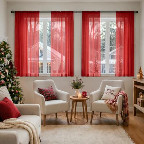 Red Christmas Sheer Curtains 63 Inches Long 4 Panels 42 x 63 Inches (42"W x 63"L (Pack of 4) / Red)