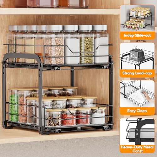 Pull Out Spice Rack Organizer for Cabinet (Black / 9"W X 10.5"D X 9"H - 2 Tier)