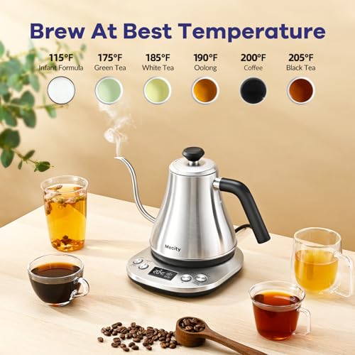 Electric Gooseneck Kettle With LCD Display Automatic Shut Off Retro Coffee Kettle Temperature Control Hot Water Boiler to Pour Over Tea (Stainless Steel)