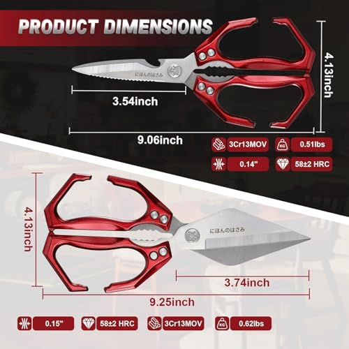 Kitchen Shears Set for Food with Sharp Bone (Bright Red)