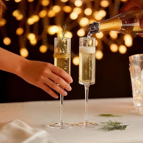 Anniversary Champagne Flutes Set of 2 with Wooden Keepsake Box (Anniversary（Brown） / Set of 2（Wooden box）)