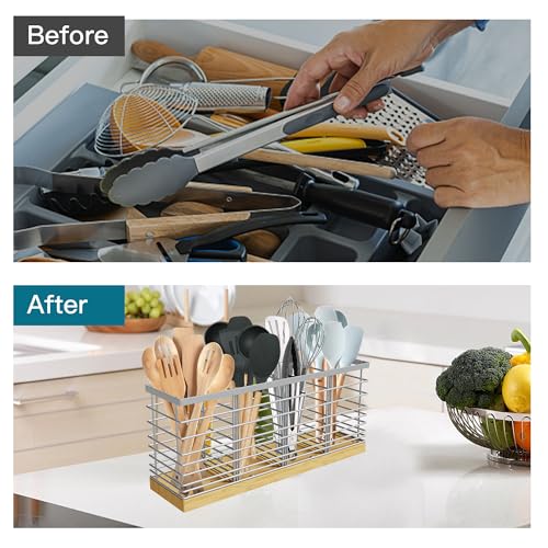 Extra Large Kitchen Utensil Holder Countertop with Removable Divider (Silvery)